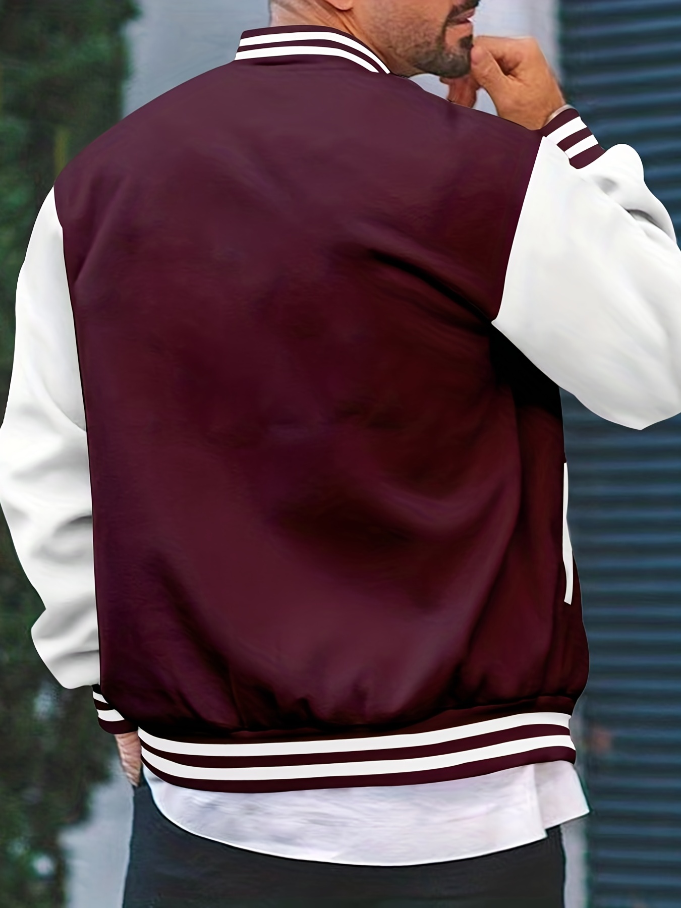 mens color block bomber jacket casual baseball collar varsity jacket for spring fall details 30