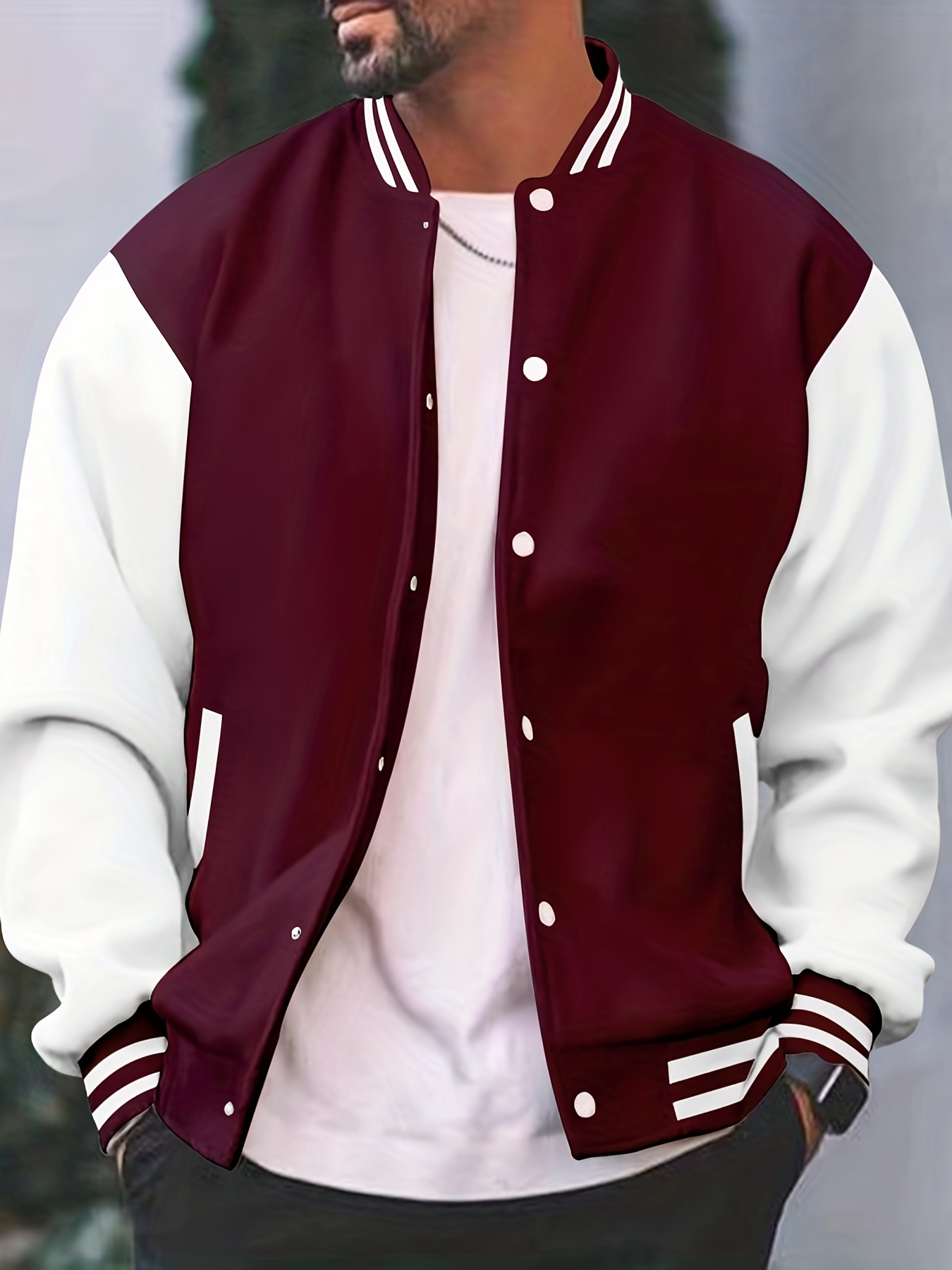 mens color block bomber jacket casual baseball collar varsity jacket for spring fall details 31