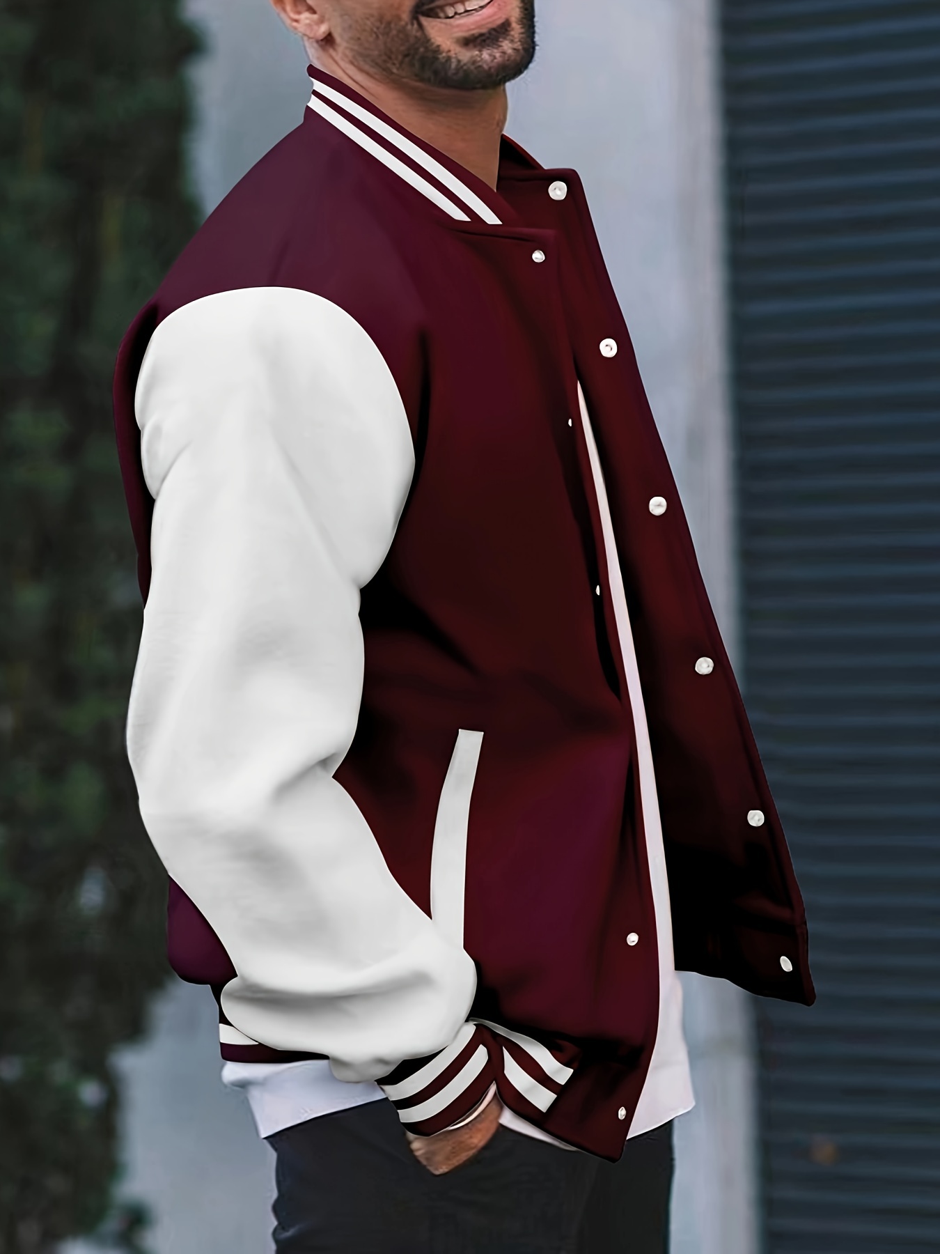 mens color block bomber jacket casual baseball collar varsity jacket for spring fall details 32