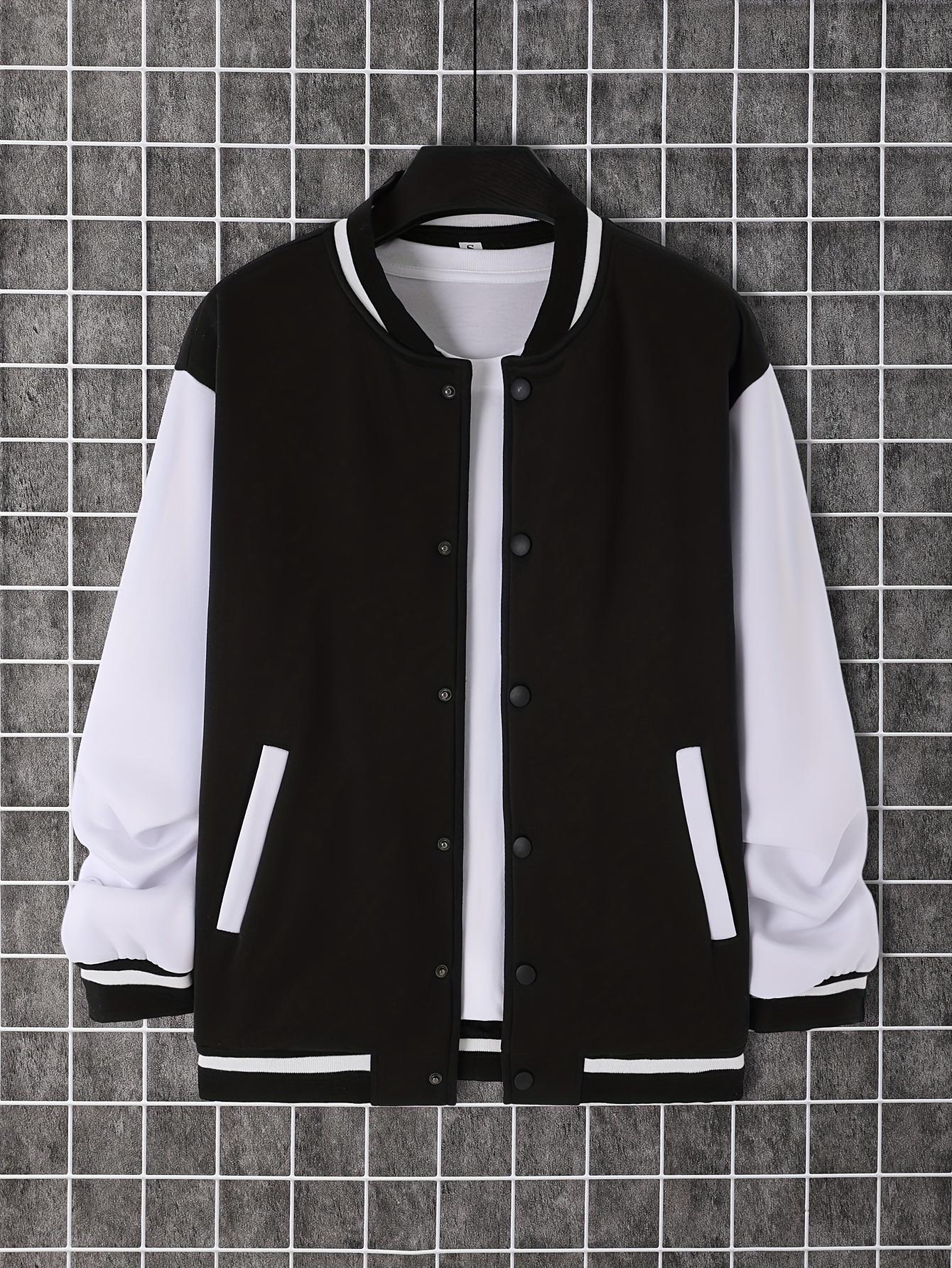 trendy varsity jacket mens casual color block button up jacket for spring fall school baseball details 0