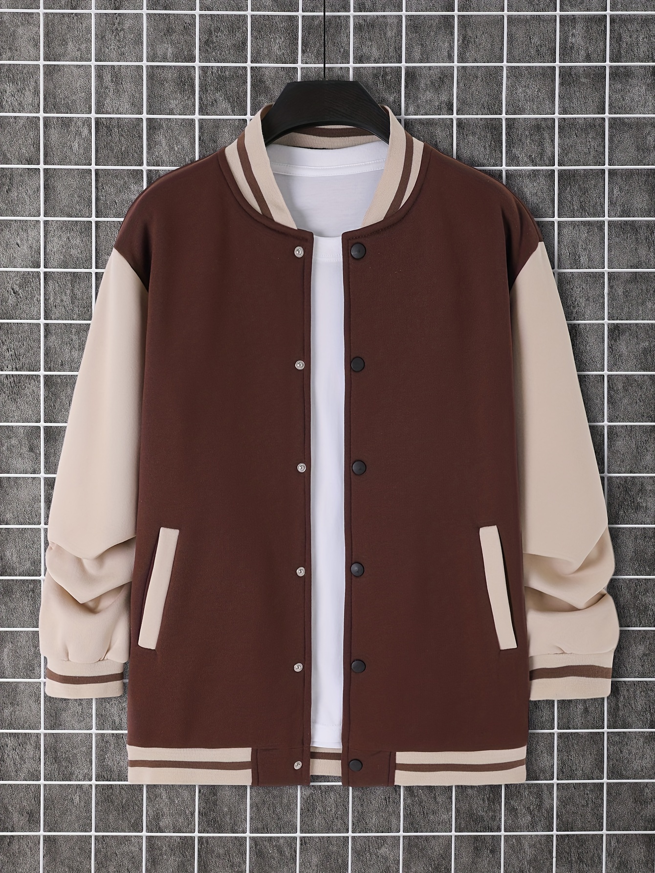 trendy varsity jacket mens casual color block button up jacket for spring fall school baseball details 12