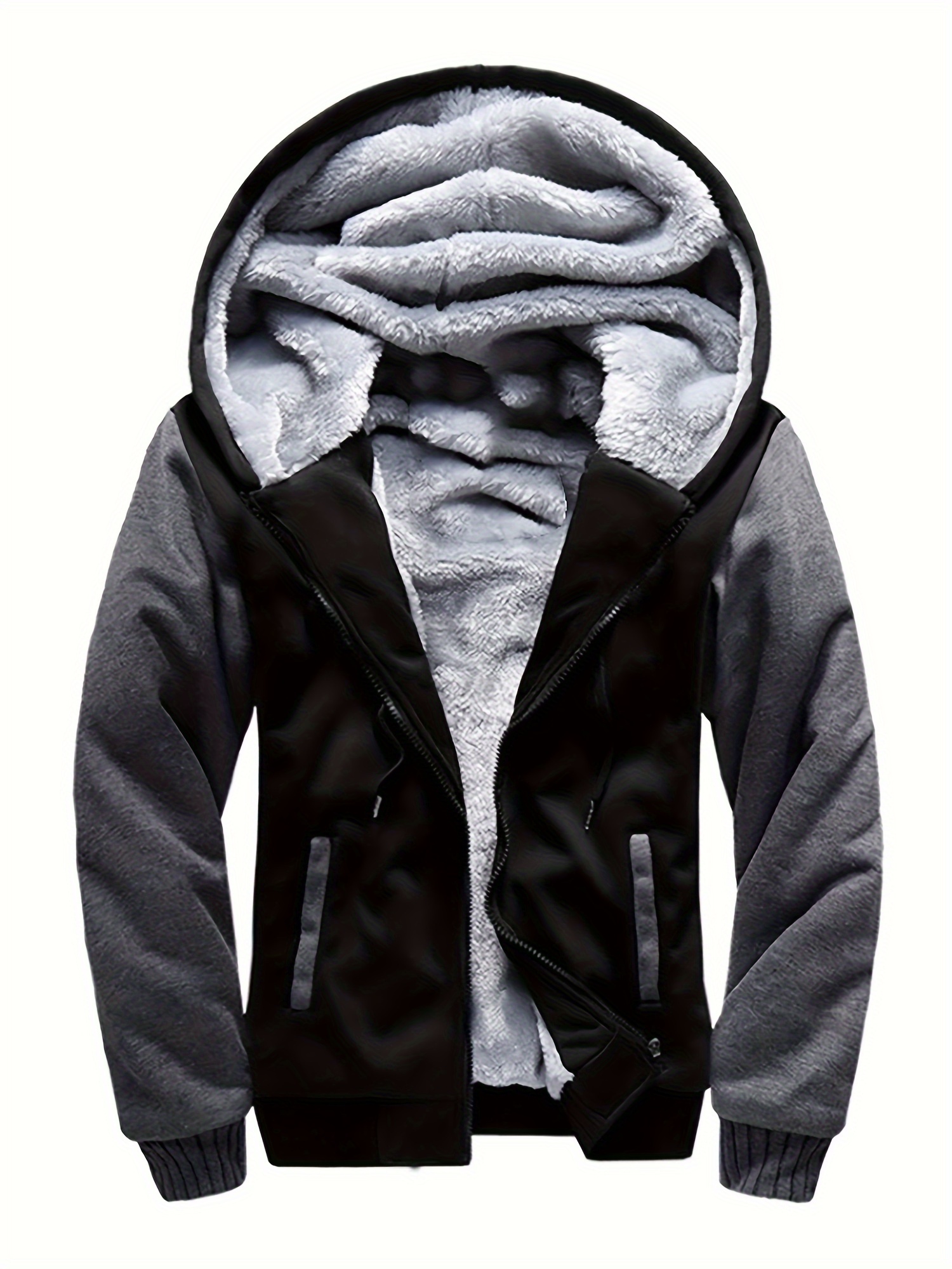 mens warm fleece hooded jacket casual color block jacket coat for fall winter details 2