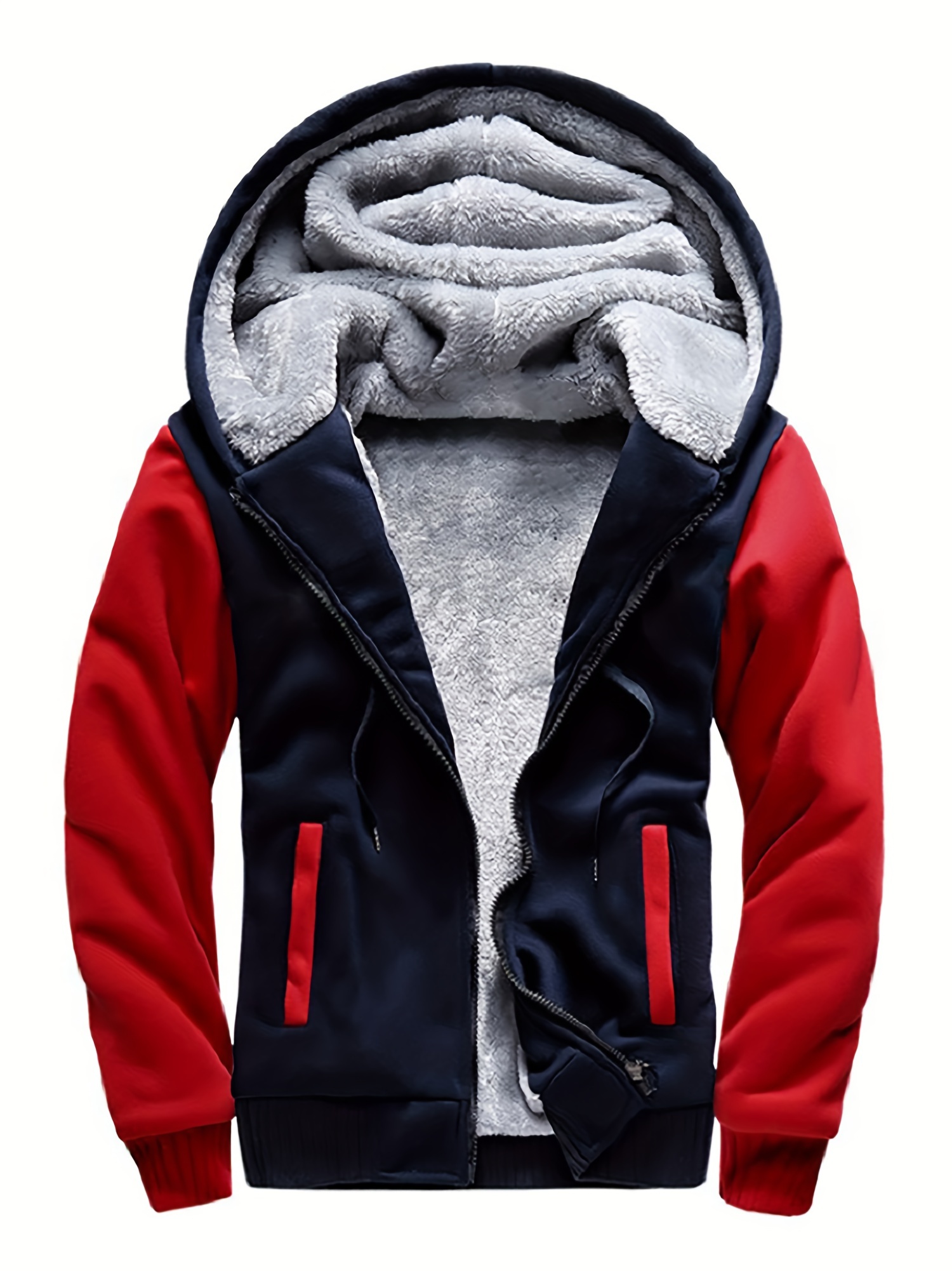 mens warm fleece hooded jacket casual color block jacket coat for fall winter details 6