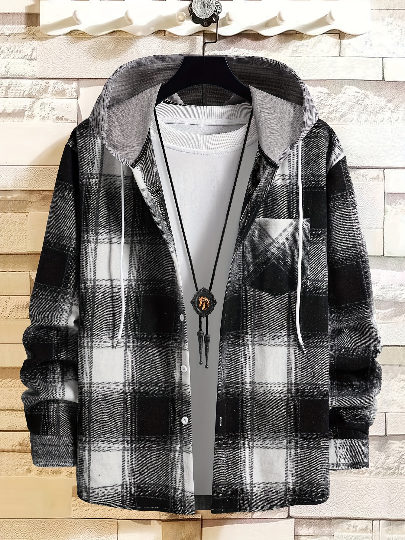 plaid shirt coat for men long sleeve casual regular fit button up hooded shirts jacket details 0