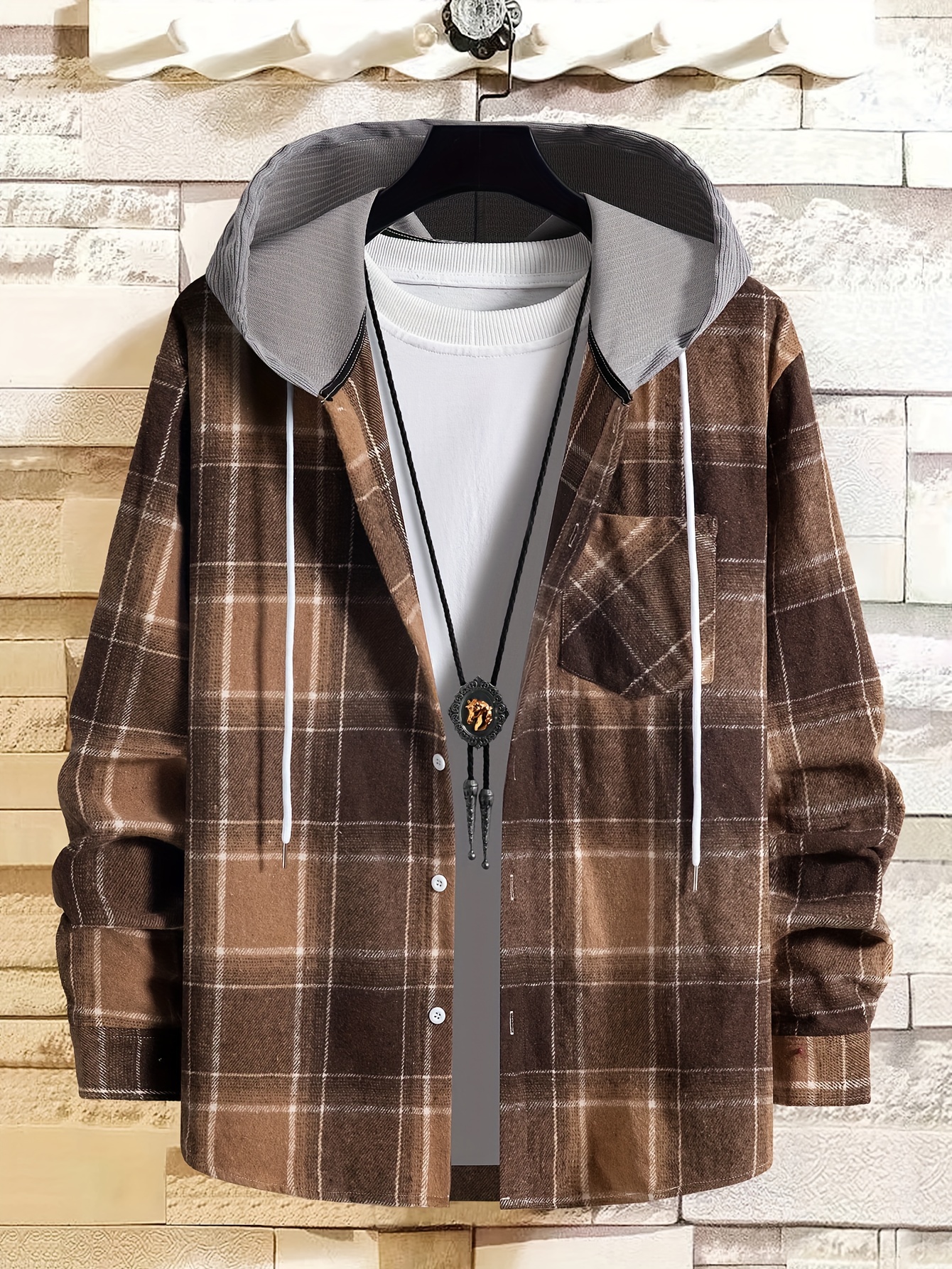 plaid shirt coat for men long sleeve casual regular fit button up hooded shirts jacket details 1