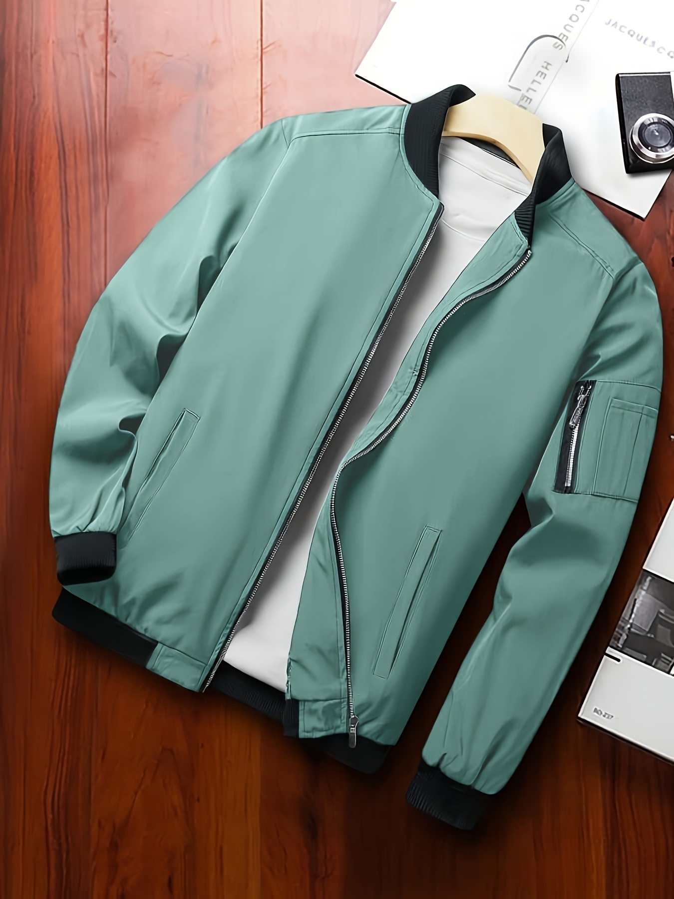 classic design track jacket mens casual baseball collar solid color zip up jacket for spring fall details 0