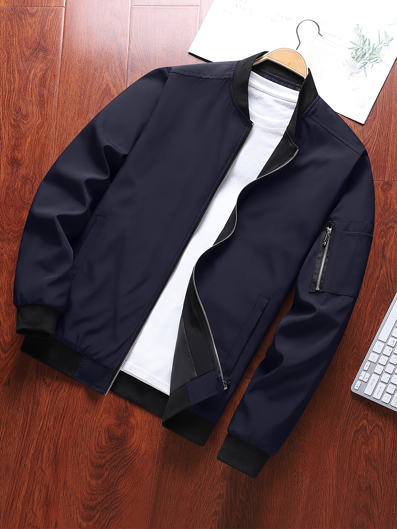 classic design track jacket mens casual baseball collar solid color zip up jacket for spring fall details 5