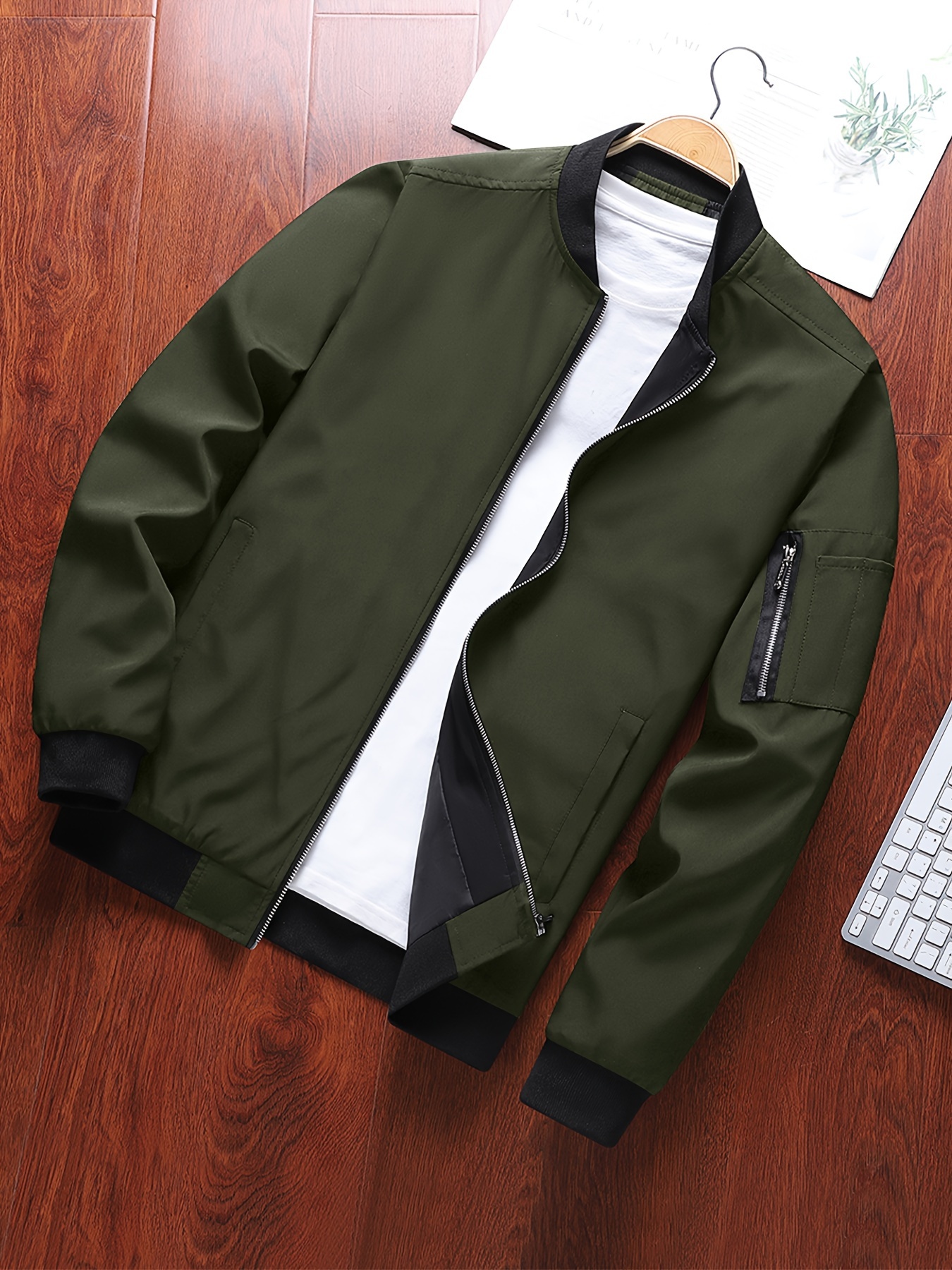 classic design track jacket mens casual baseball collar solid color zip up jacket for spring fall details 11