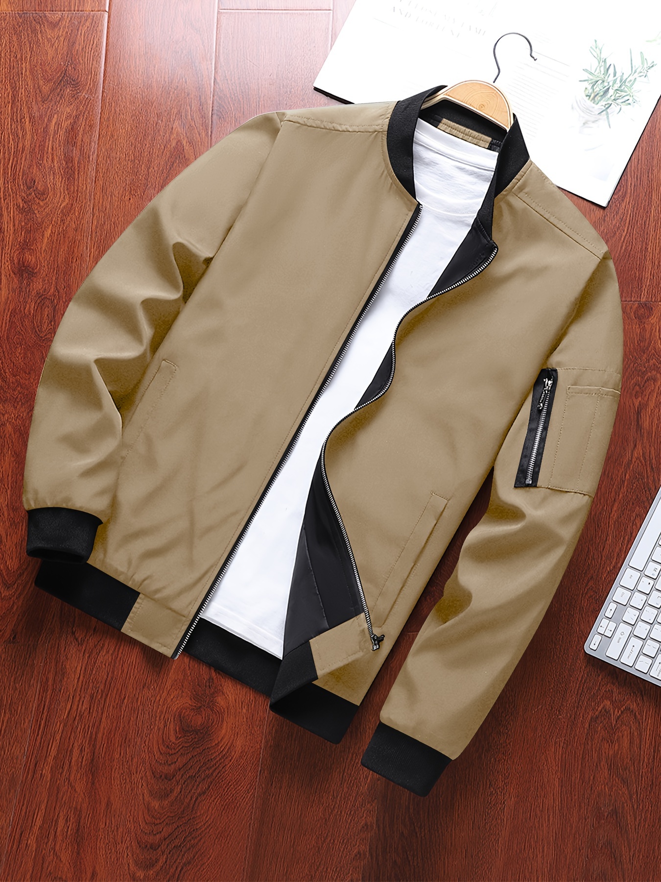 classic design track jacket mens casual baseball collar solid color zip up jacket for spring fall details 29