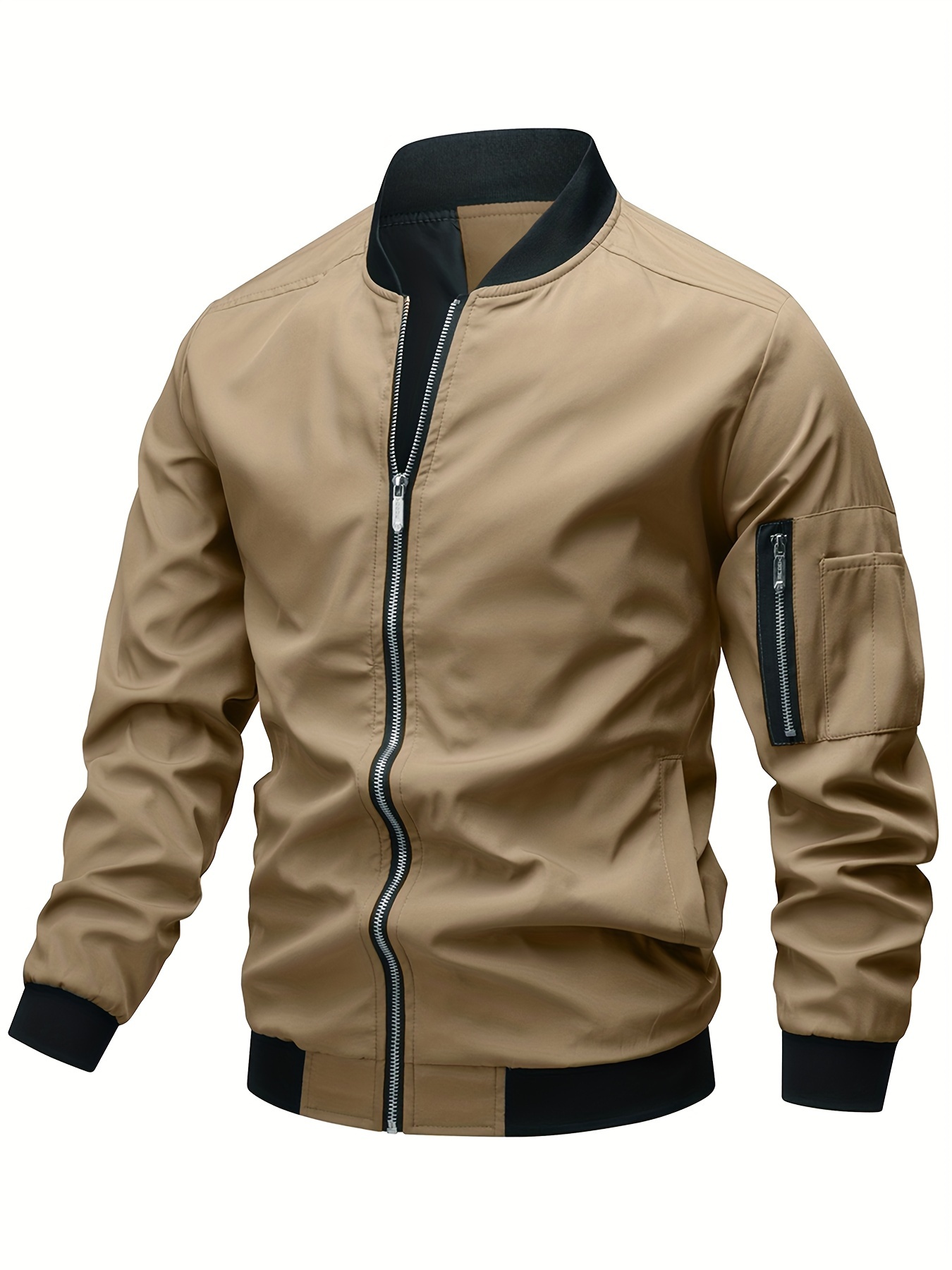 classic design track jacket mens casual baseball collar solid color zip up jacket for spring fall details 32