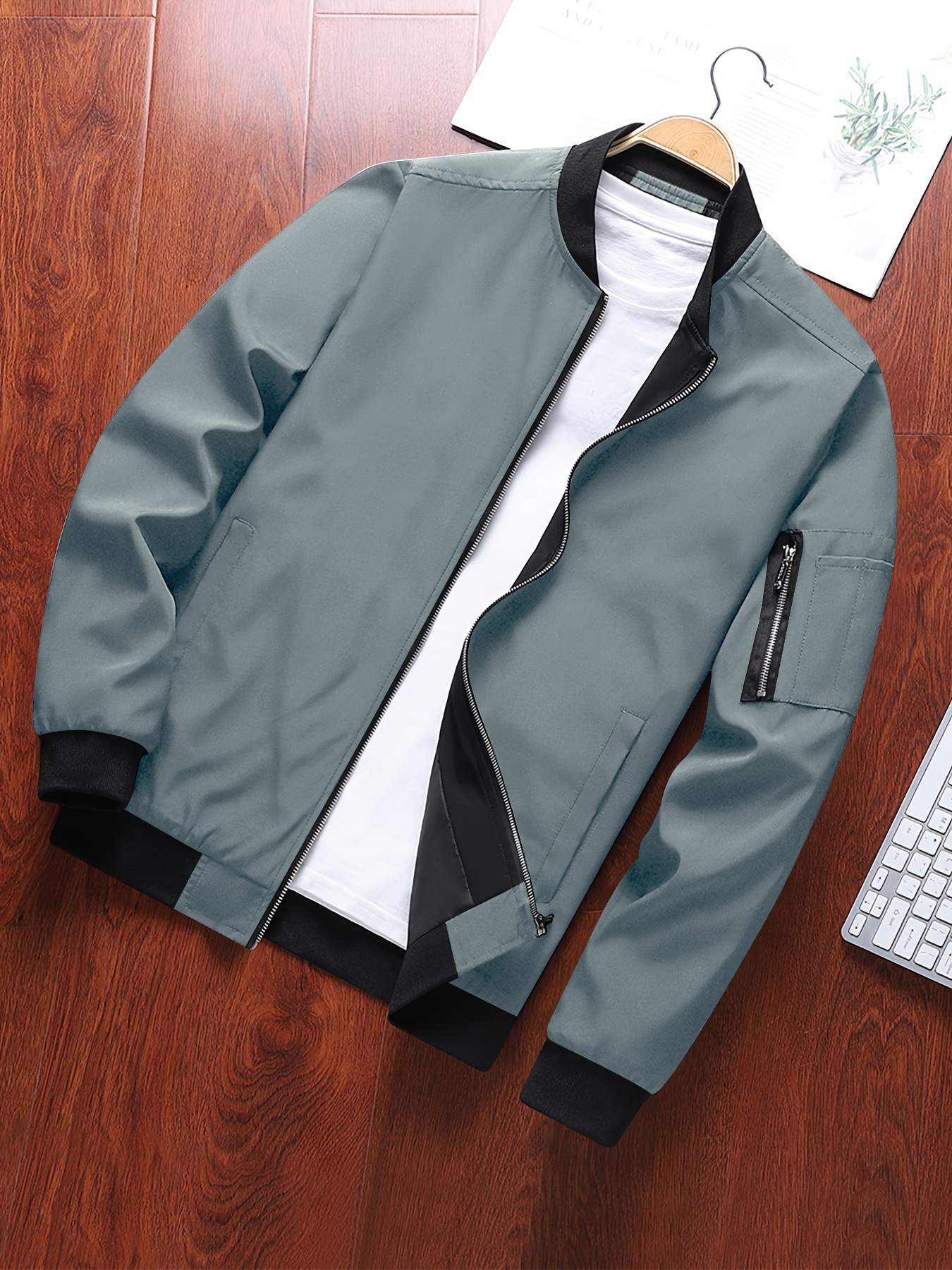 classic design track jacket mens casual baseball collar solid color zip up jacket for spring fall details 35