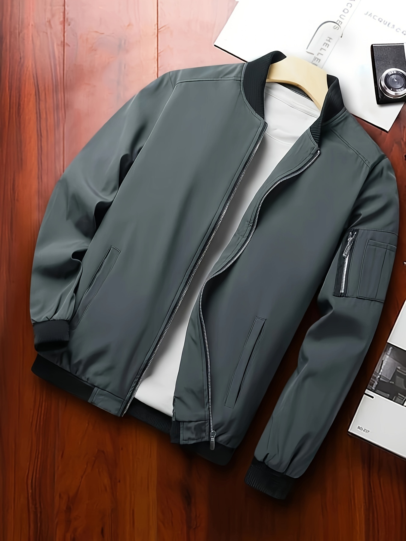 classic design track jacket mens casual baseball collar solid color zip up jacket for spring fall details 41