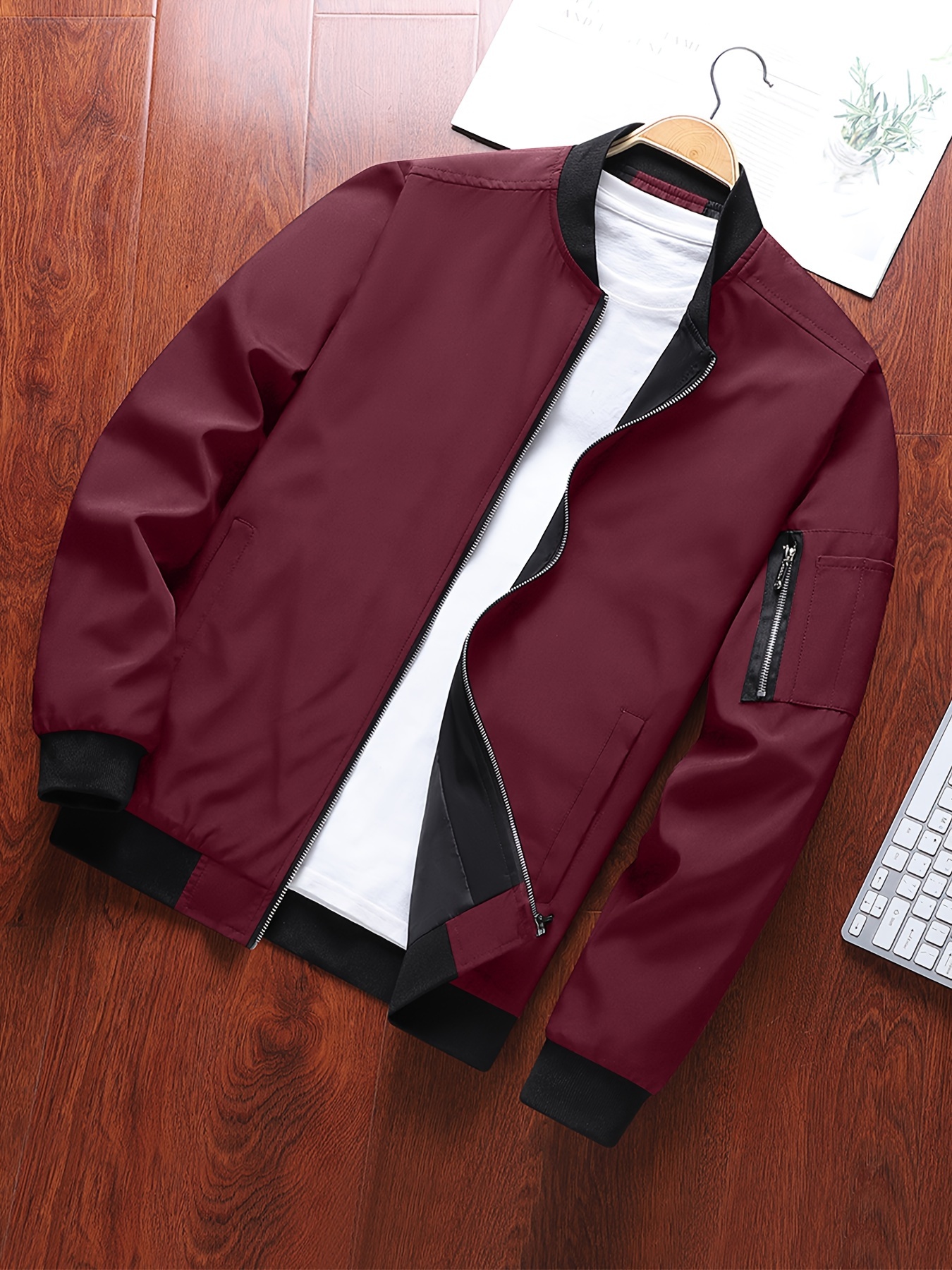 classic design track jacket mens casual baseball collar solid color zip up jacket for spring fall details 50