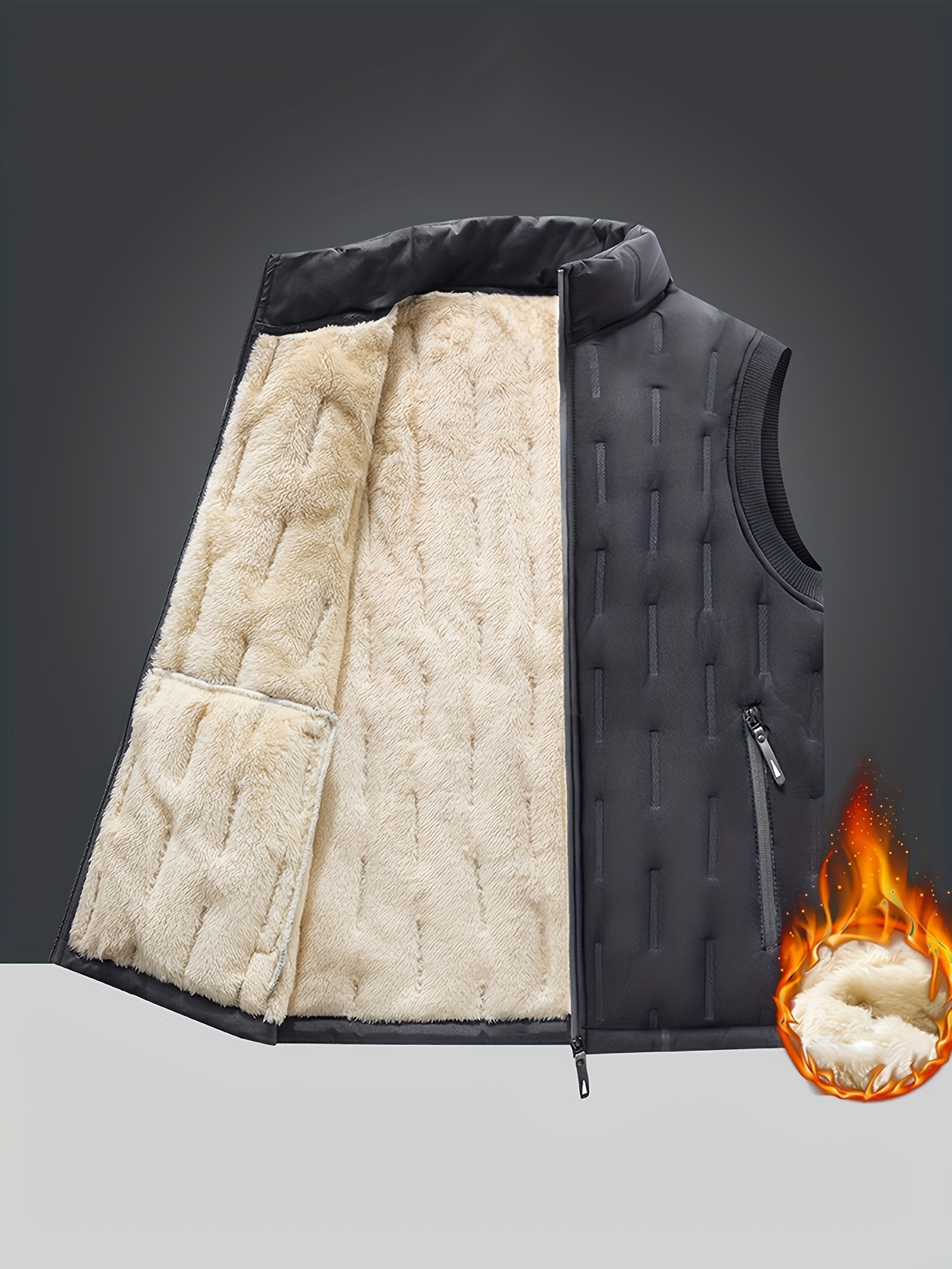 casual stand collar-mens warm fleece winter vest casual stand collar warm thick zipper pockets vest details 0