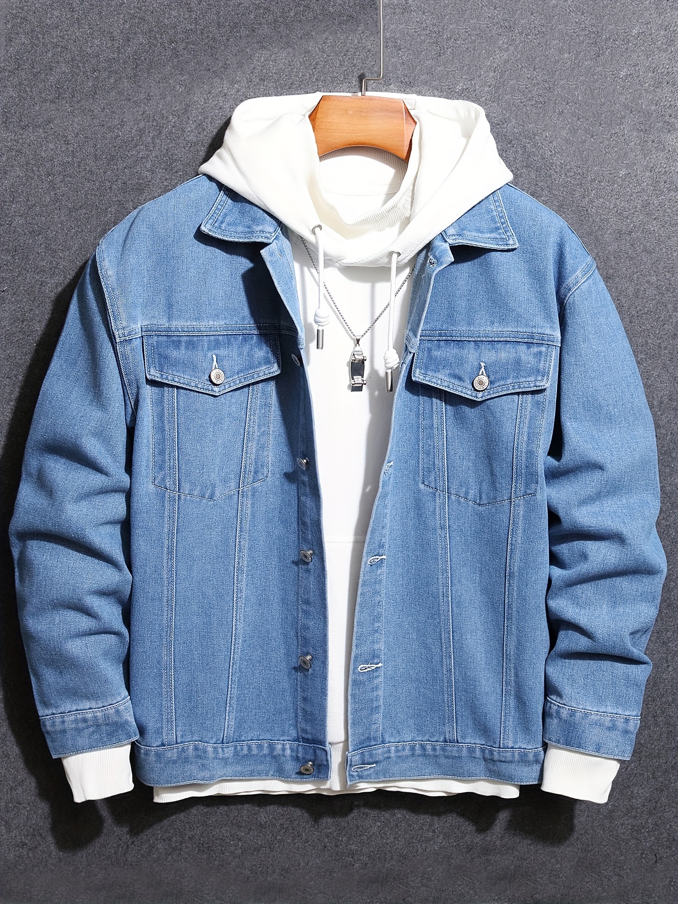 chic denim jacket mens casual street style lapel contrast stitching jacket coat for spring fall details 6