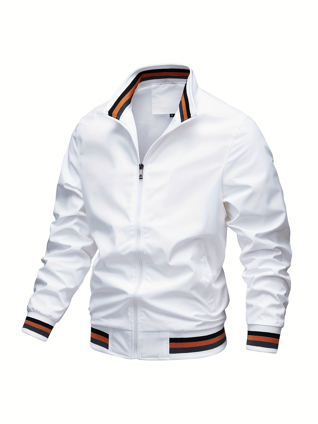 stripe edge bomber jacket mens casual stand collar zip up jacket for spring fall outdoor details 0