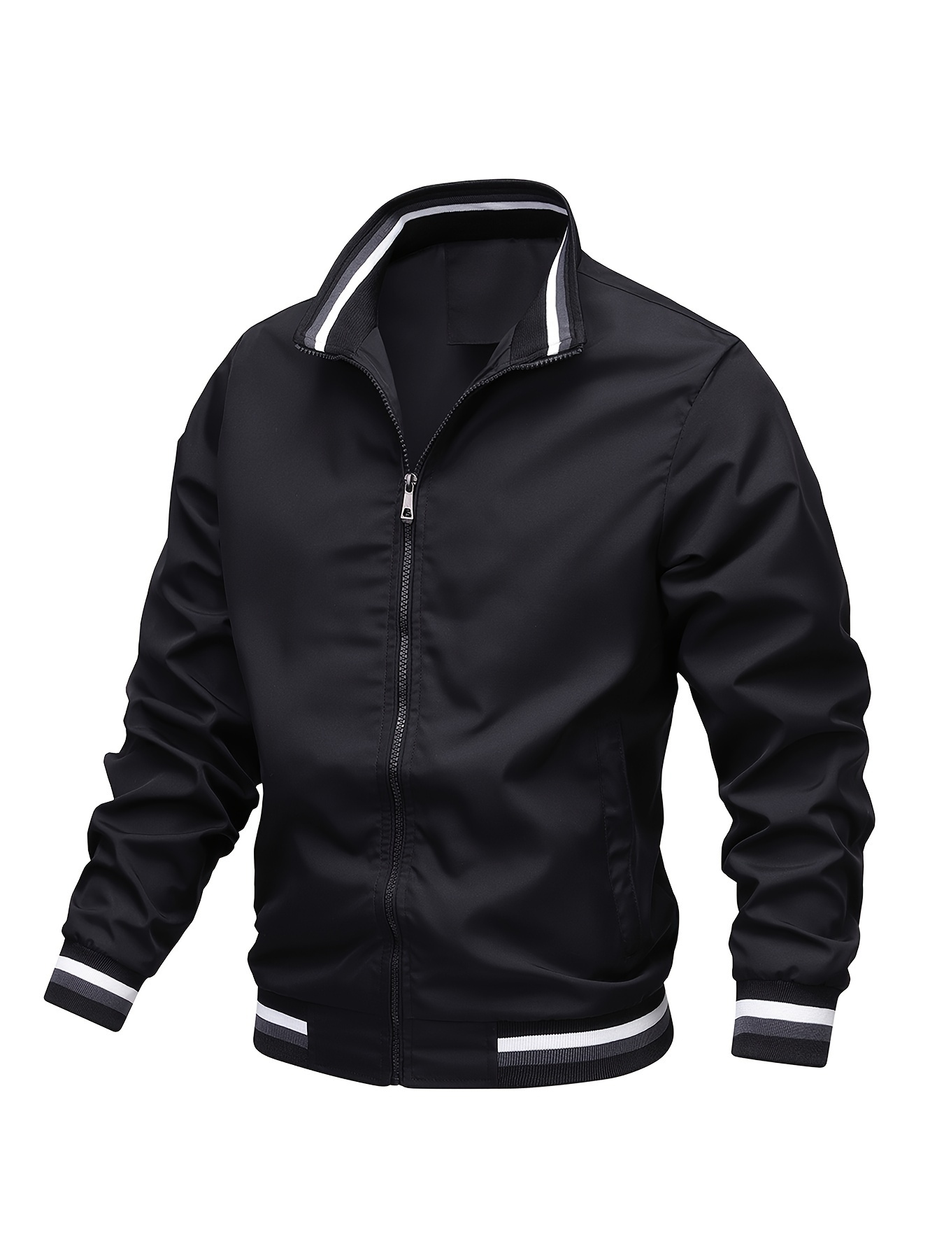 stripe edge bomber jacket mens casual stand collar zip up jacket for spring fall outdoor details 3