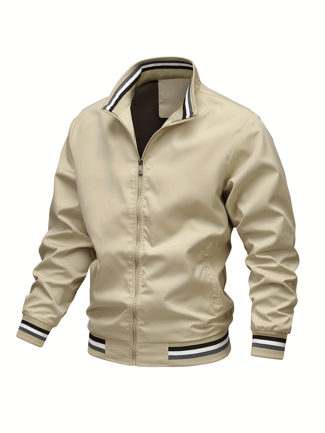 stripe edge bomber jacket mens casual stand collar zip up jacket for spring fall outdoor details 6