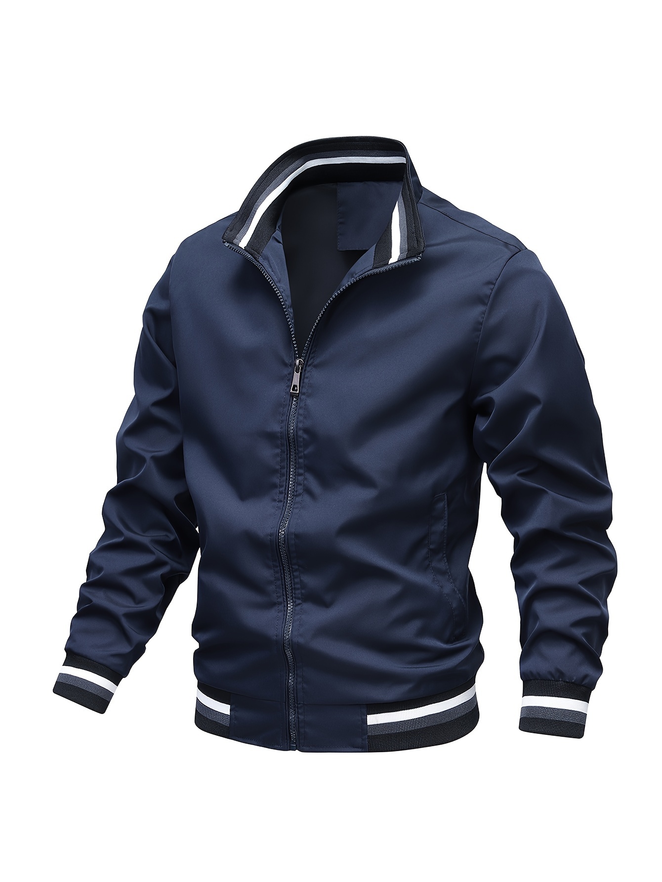 stripe edge bomber jacket mens casual stand collar zip up jacket for spring fall outdoor details 9