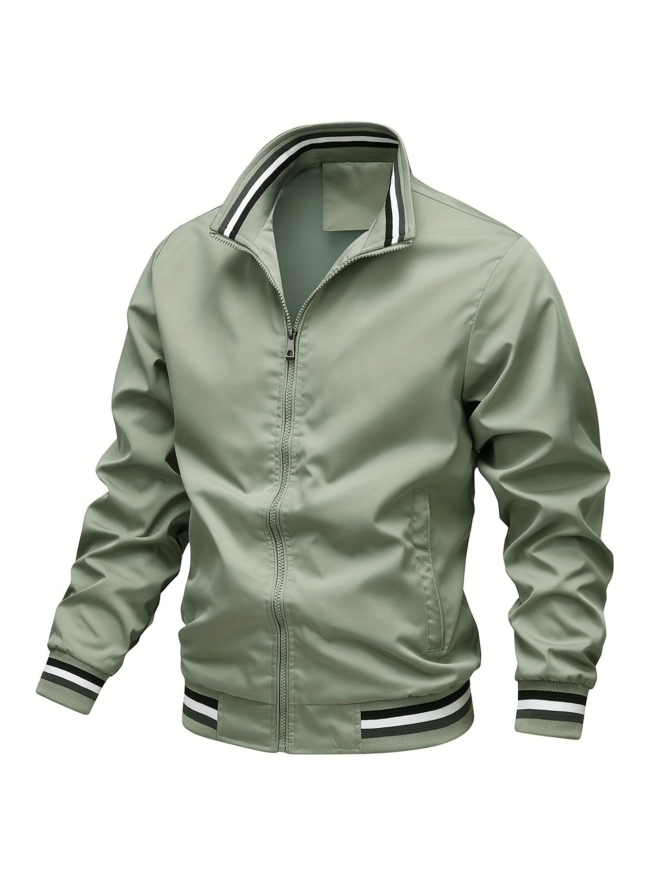 stripe edge bomber jacket mens casual stand collar zip up jacket for spring fall outdoor details 12