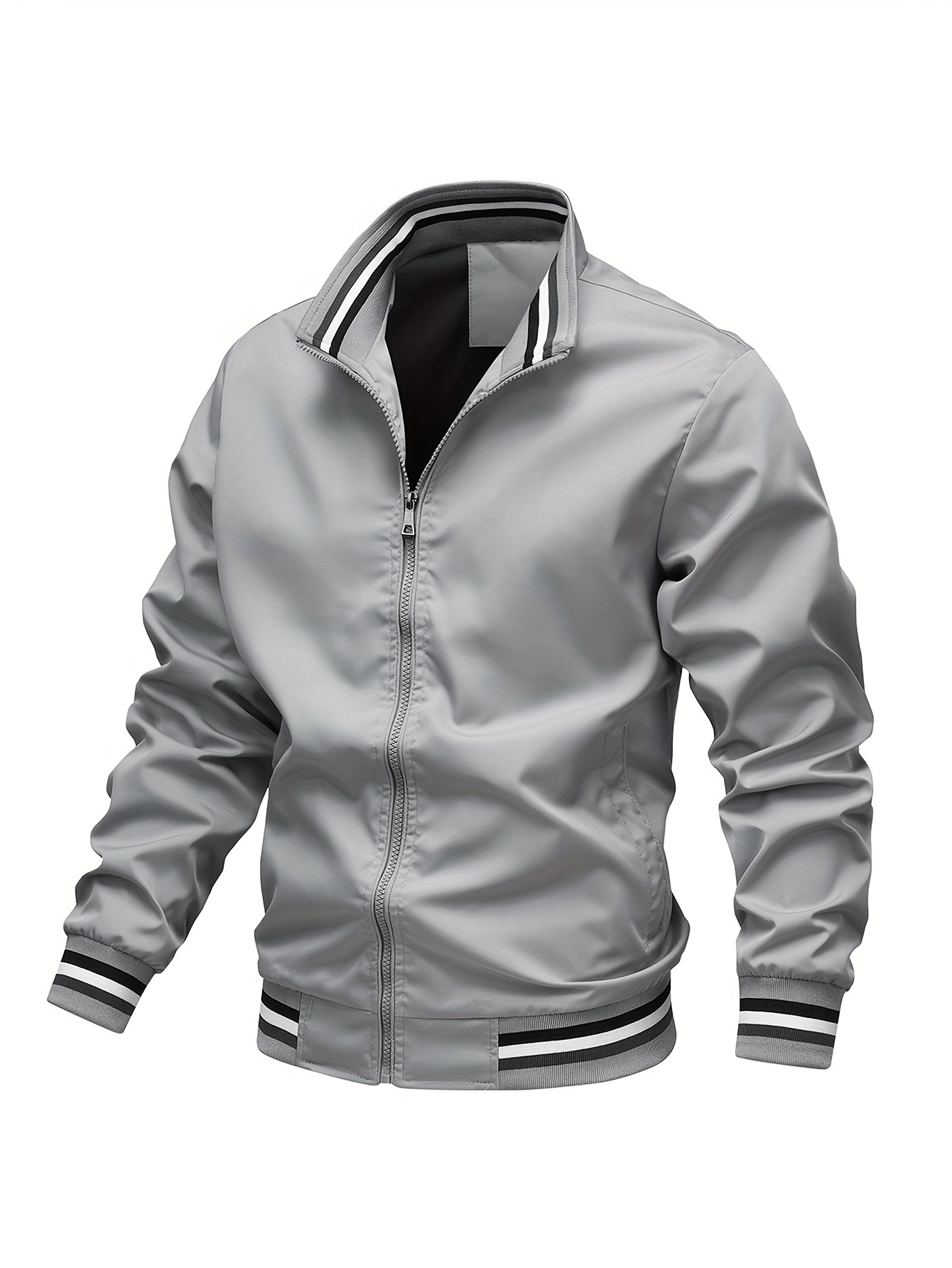 stripe edge bomber jacket mens casual stand collar zip up jacket for spring fall outdoor details 18