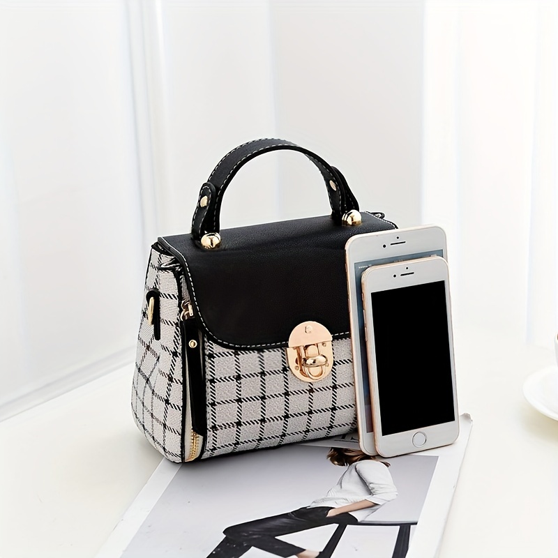 plaid pattern handbag womens buckle decor flap purse fashion pu leather crossbody bag details 0