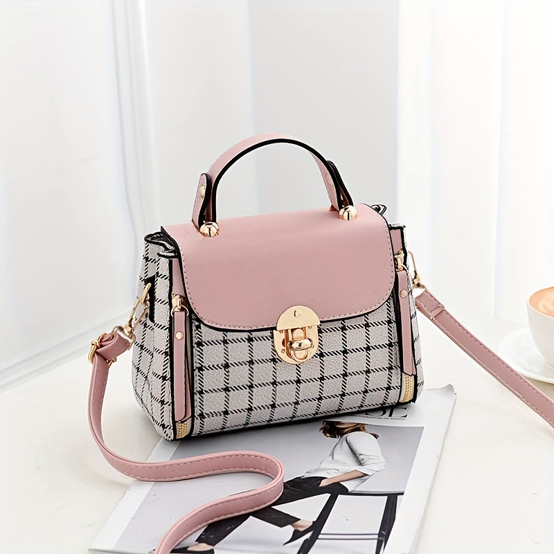 plaid pattern handbag womens buckle decor flap purse fashion pu leather crossbody bag details 1