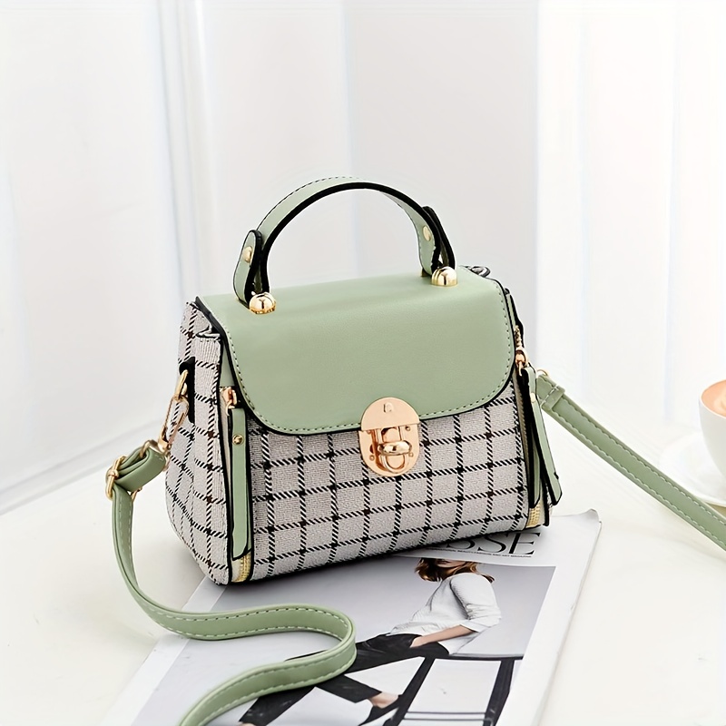 plaid pattern handbag womens buckle decor flap purse fashion pu leather crossbody bag details 4