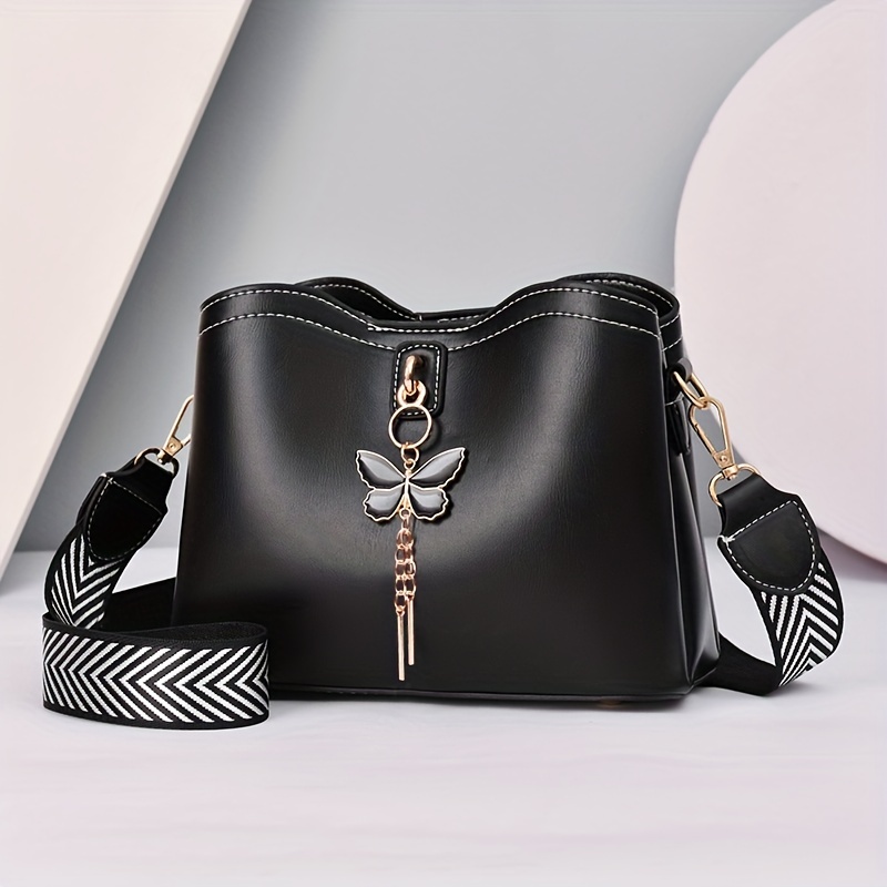 butterfly decor bucket bag geometric strap crossbody bag womens faux leather shoulder bag 9 1 7 1 4 3 inch details 4