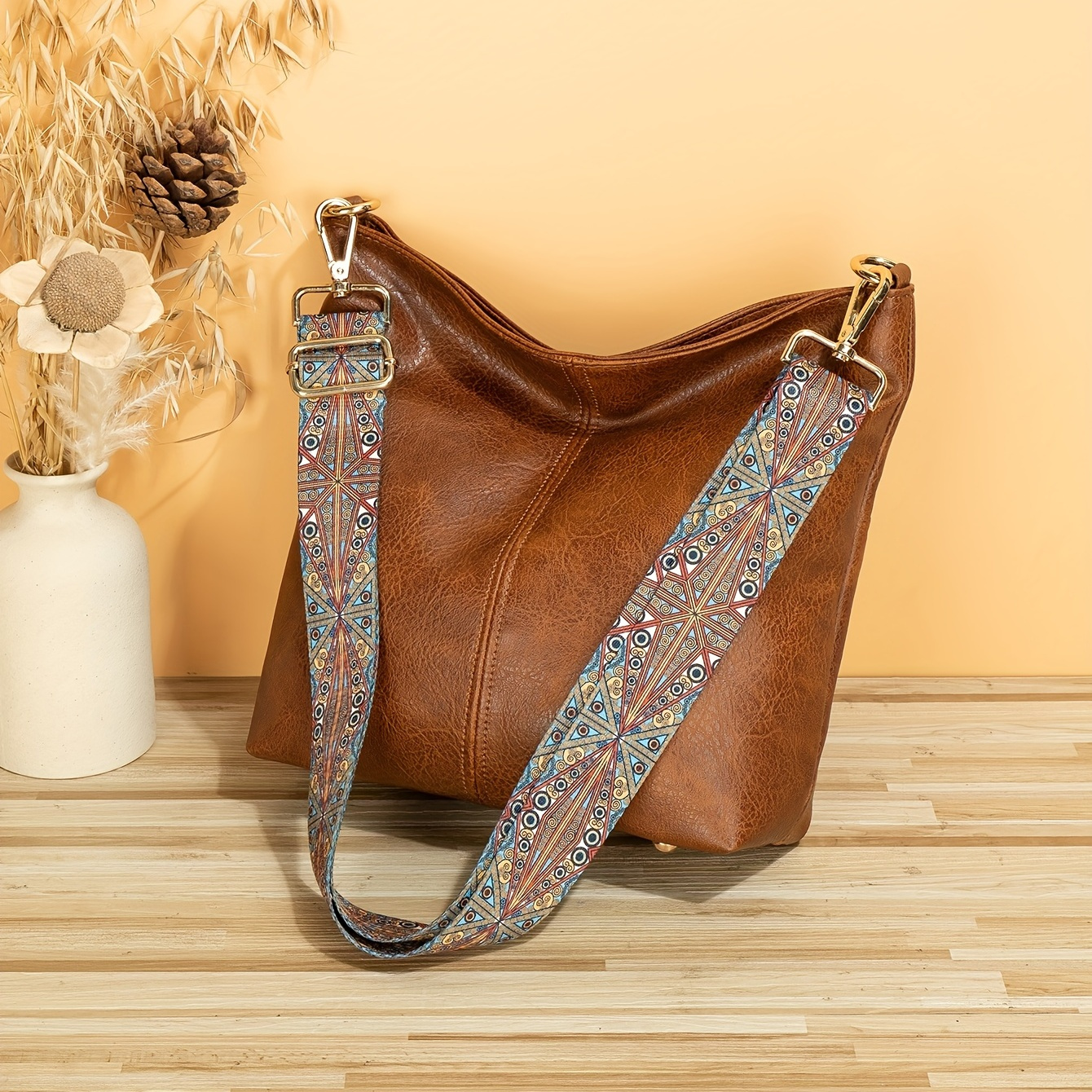 retro style bucket crossbody bag boho style shoulder bag faux leather purse with ethnic strap details 0