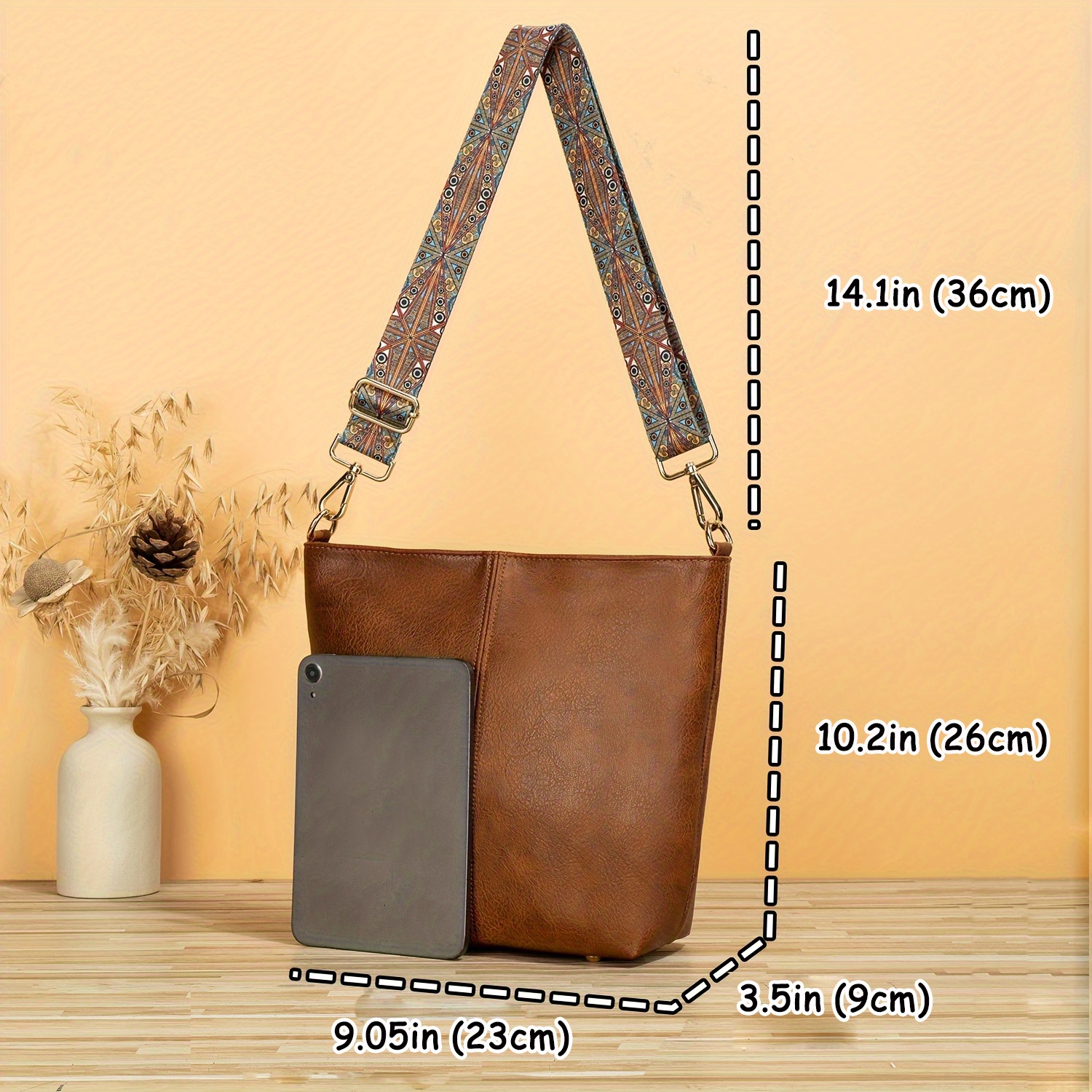 retro style bucket crossbody bag boho style shoulder bag faux leather purse with ethnic strap details 1