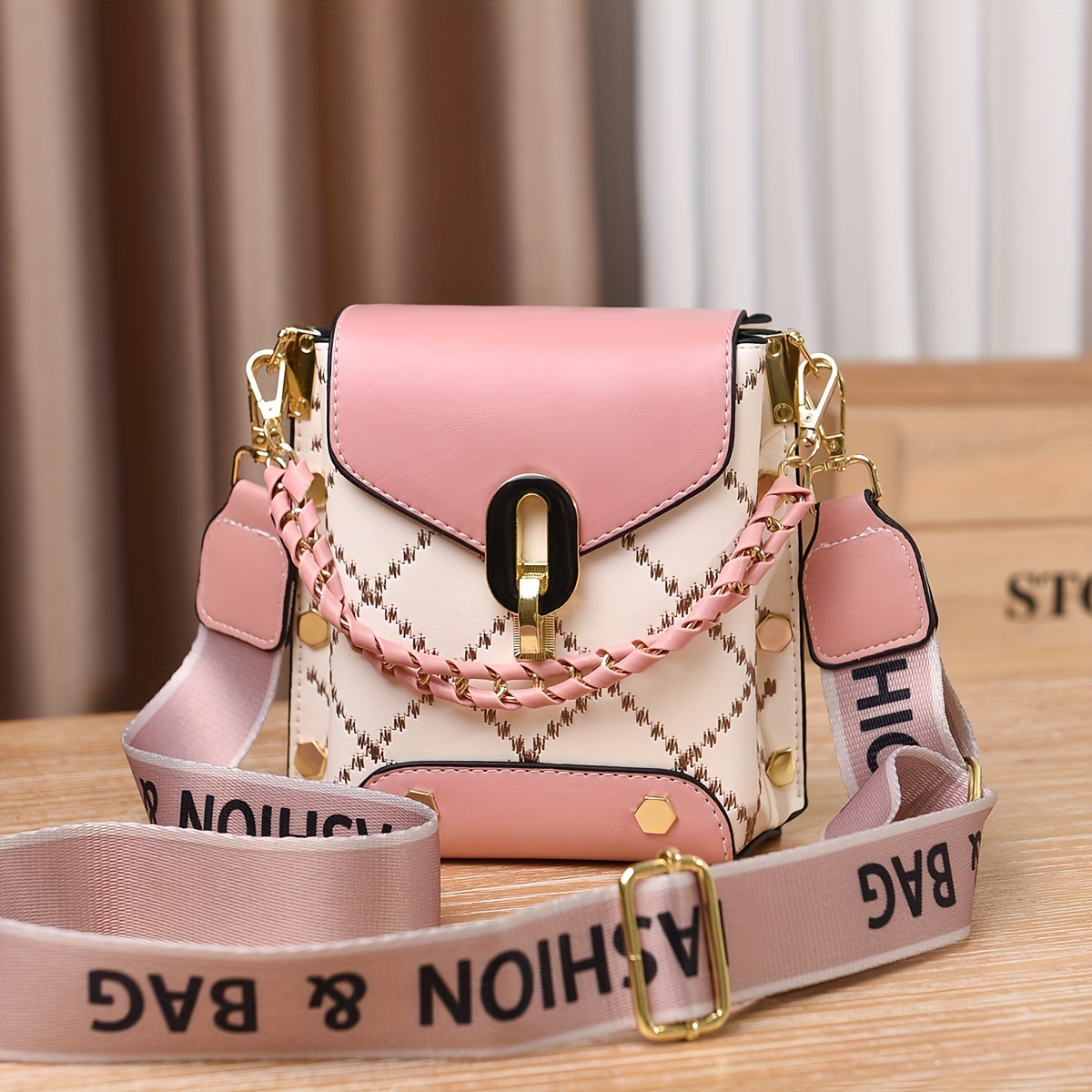 mini studded decor crossbody bag argyle embroidery mobile phone purse trendy chain decor handbag for women details 2