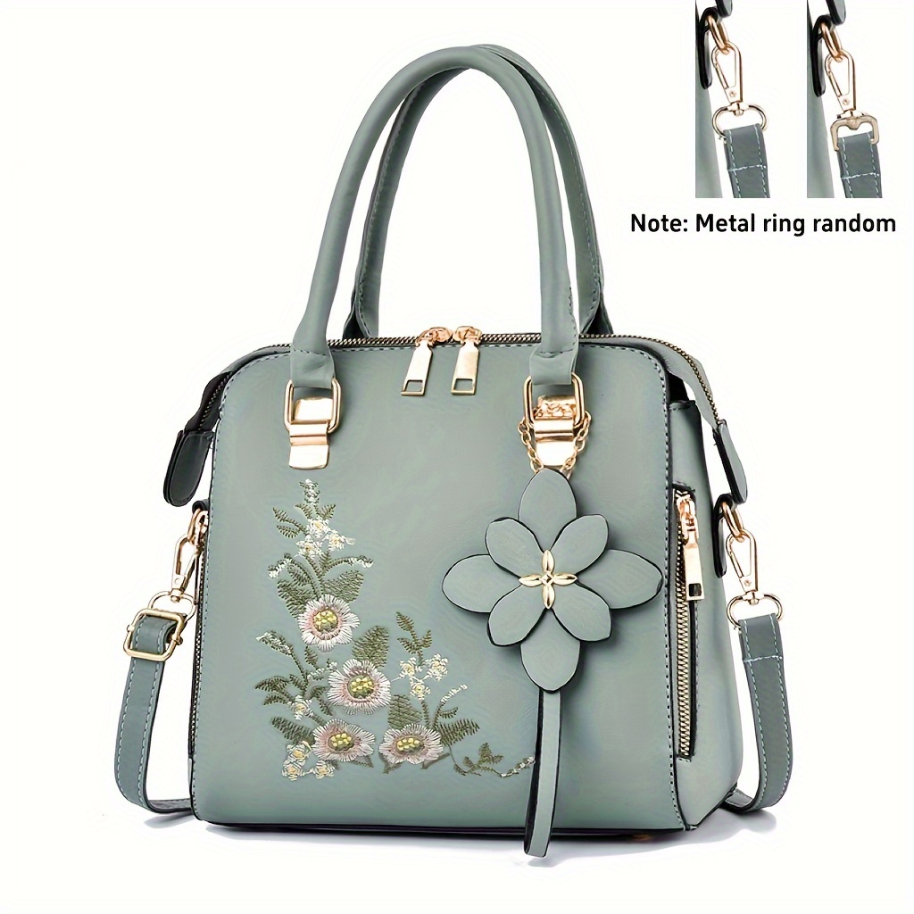 womens embroidered flower handbag fashion top handle purses elegant pu leather crossbody bag details 1