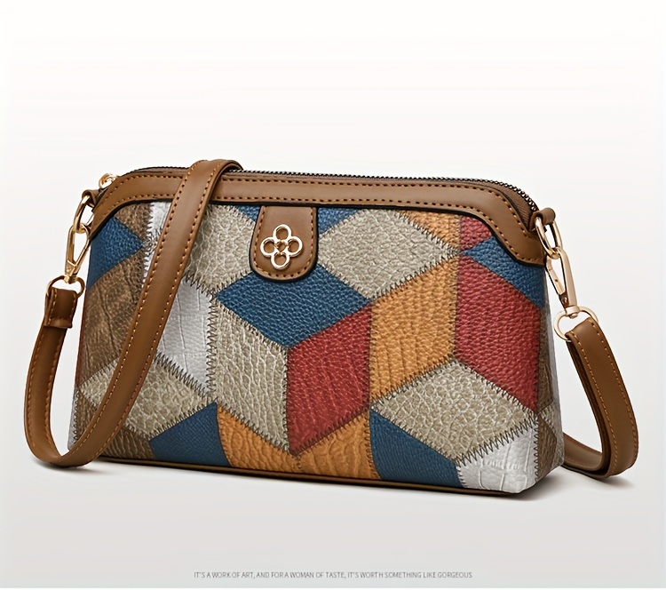 argyle pattern crossbody bag vintage colorblock shoulder bag womens every day purse with zipper details 7