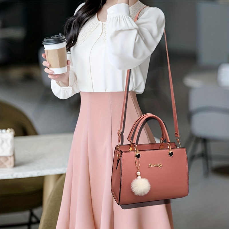 solid color crossbody bag for women fashion letter decor handbag double handle satchel purse details 2