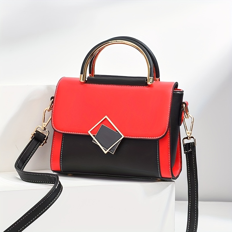 color contrast satchel flap crossbody bag pu leather textured bag purse classic versatile fashion shoulder bag details 3