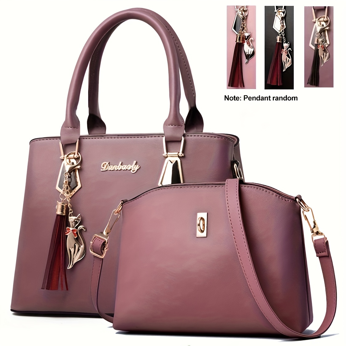 2pcs solid color handbag set fashion tassel decor tote bag womens simple crossbody bag details 2