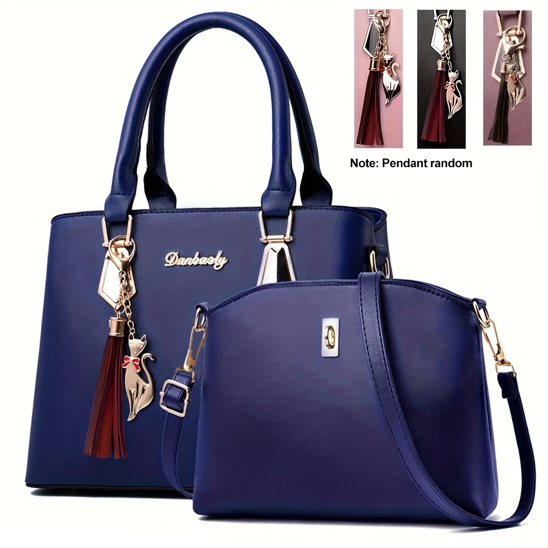 2pcs solid color handbag set fashion tassel decor tote bag womens simple crossbody bag details 3