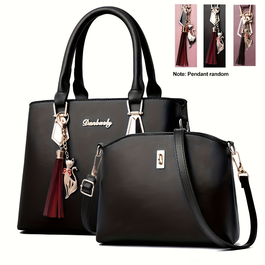 2pcs solid color handbag set fashion tassel decor tote bag womens simple crossbody bag details 4