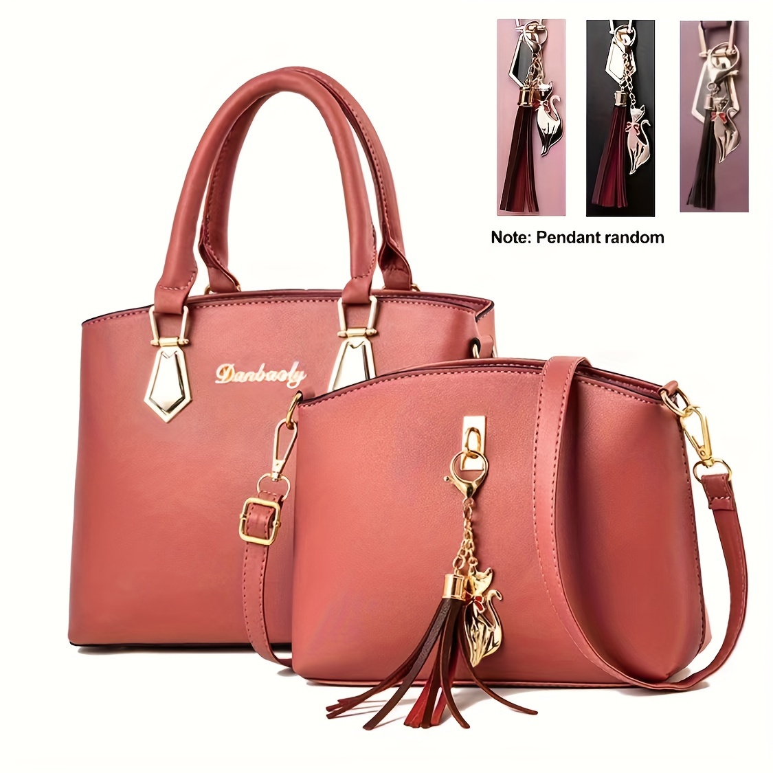 2pcs solid color handbag set fashion tassel decor tote bag womens simple crossbody bag details 7