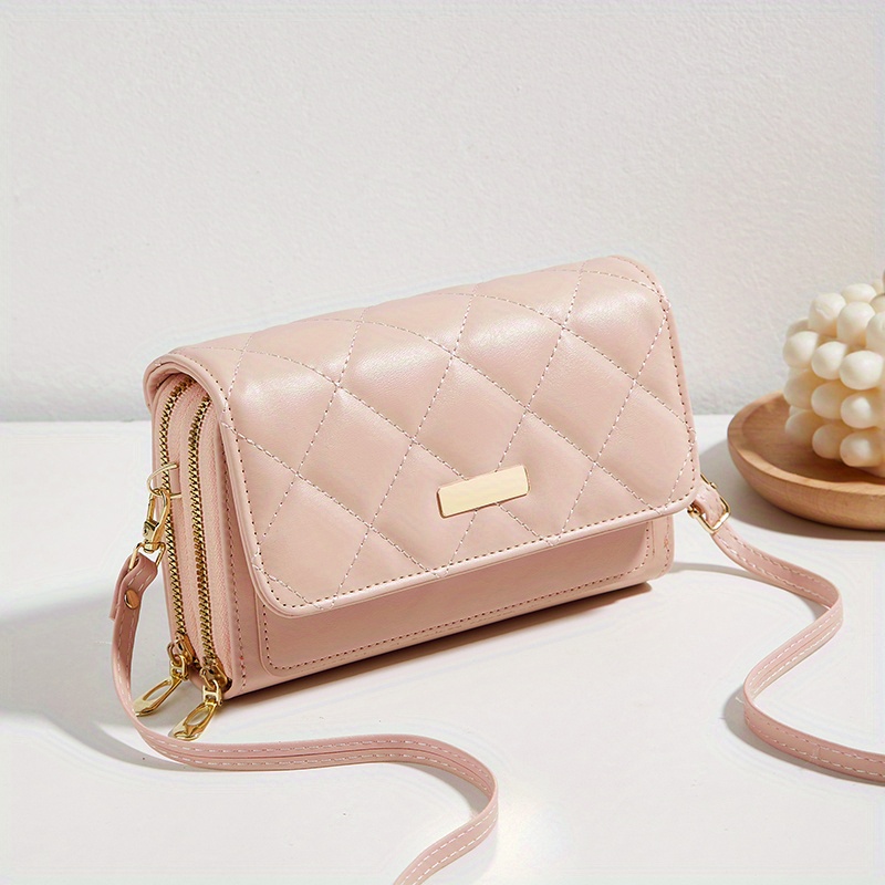 minimalist quilted detail coin purse solid color shoulder bag zipper versatile clutch bag with detachable strap details 2