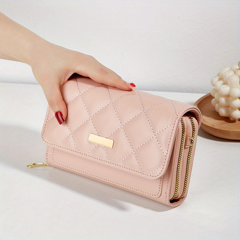 minimalist quilted detail coin purse solid color shoulder bag zipper versatile clutch bag with detachable strap details 7