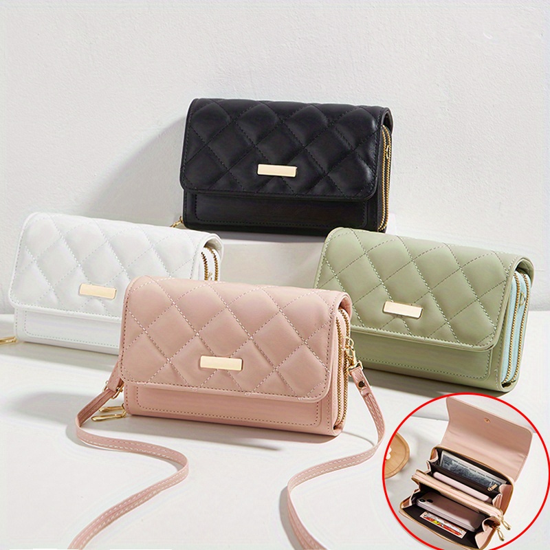 minimalist quilted detail coin purse solid color shoulder bag zipper versatile clutch bag with detachable strap details 15