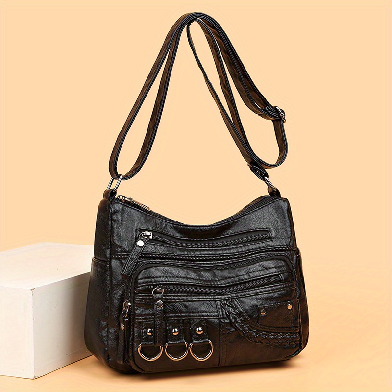 retro soft pu leather crossbody bag multi layer shoulder bag studded decor purse for women details 0