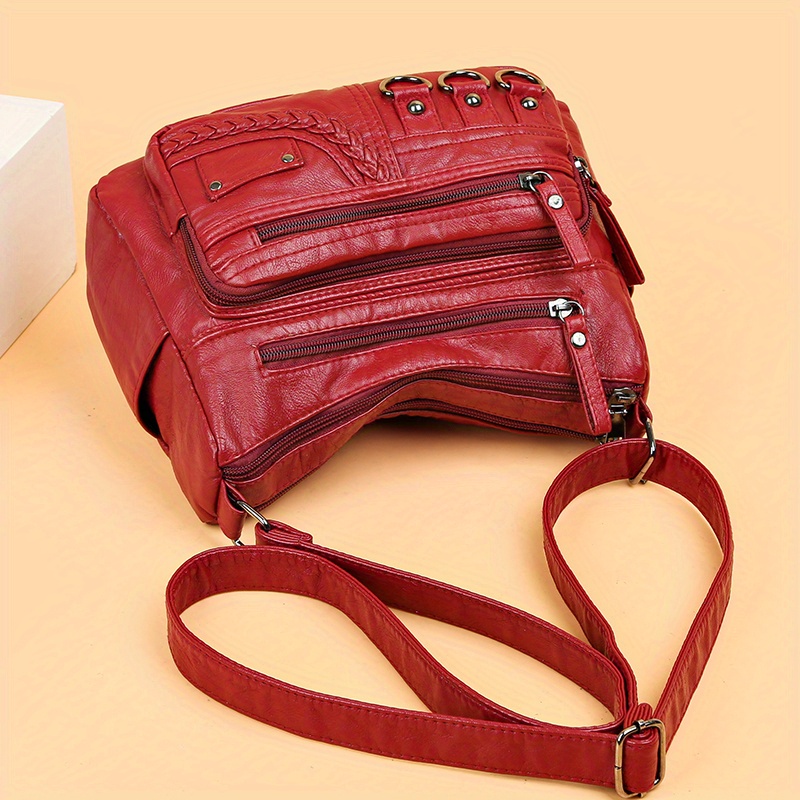 retro soft pu leather crossbody bag multi layer shoulder bag studded decor purse for women details 3