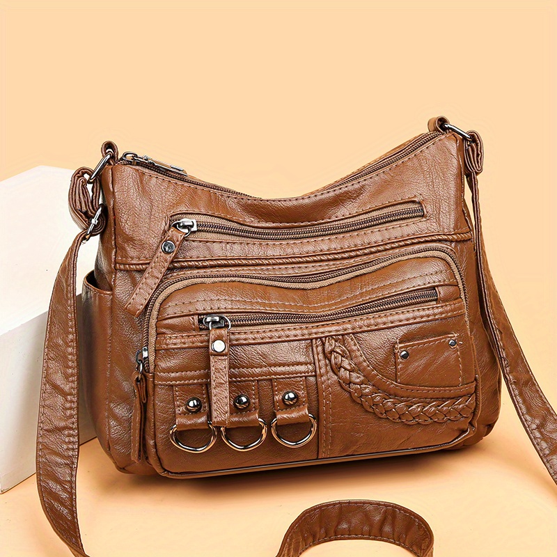 retro soft pu leather crossbody bag multi layer shoulder bag studded decor purse for women details 5