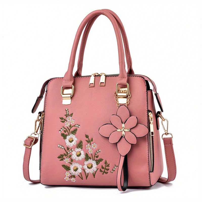 womens flower embroidered tote bag all match shoulder bag versatile shoulder bag details 0