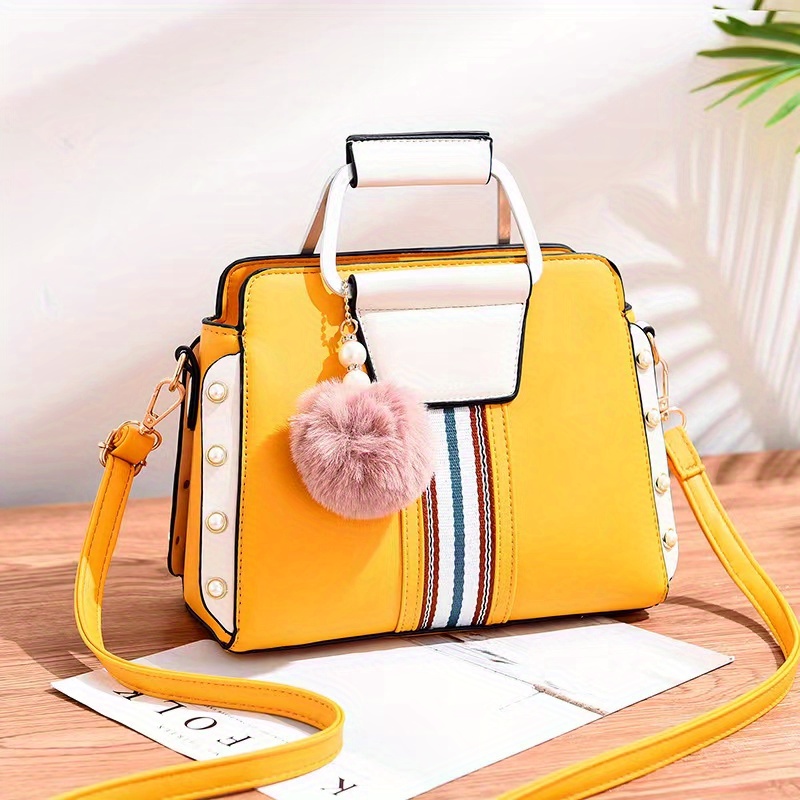 color contrast crossbody bag womens faux pearl decor handbag top handle purse with pompom decor details 1