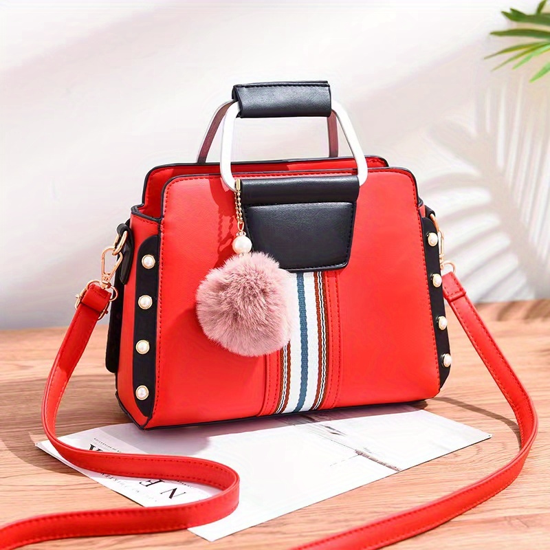 color contrast crossbody bag womens faux pearl decor handbag top handle purse with pompom decor details 3