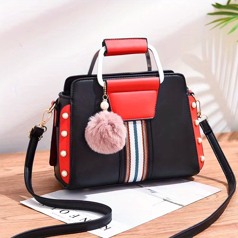 color contrast crossbody bag womens faux pearl decor handbag top handle purse with pompom decor details 4